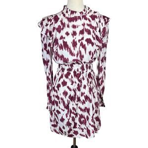 Isabel Marant Etoile 38 White Maroon Tie Dye 100% Silk Long Sleeve Ruffle Dress